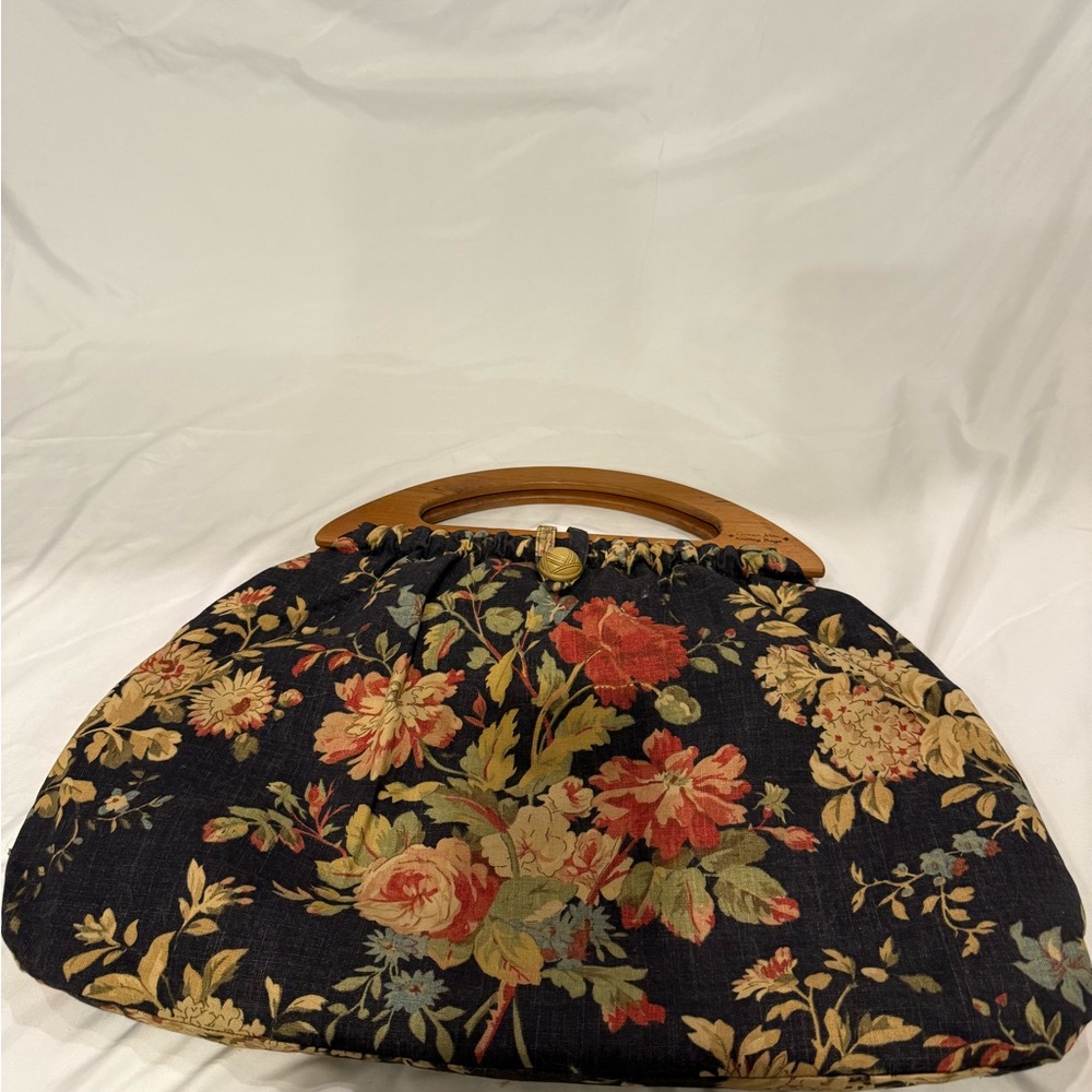 Floral Black Handbag with Wooden Handle